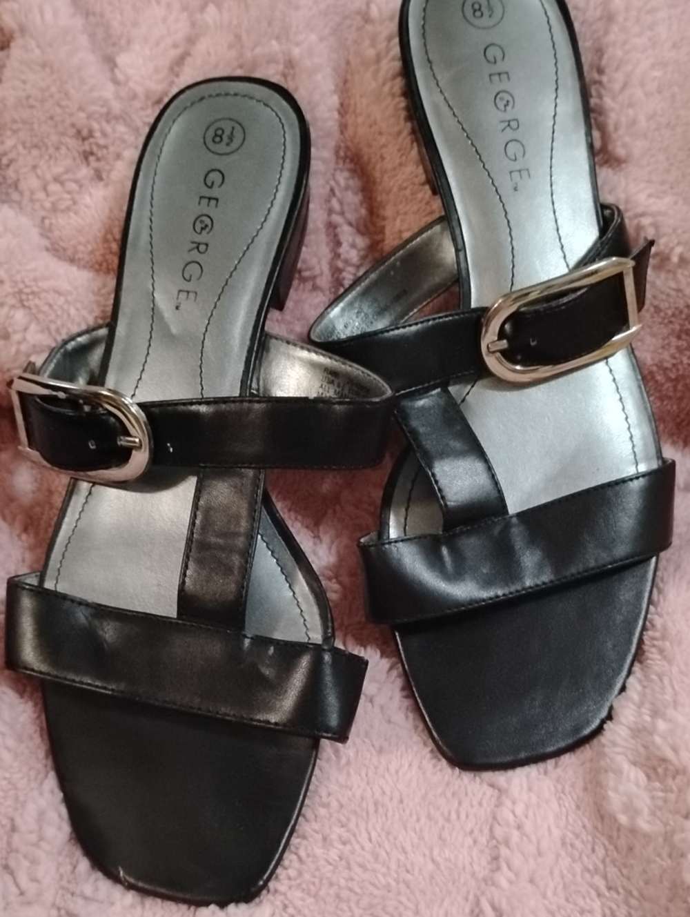 George Black Slide Sandals with Gold Buckle Accent